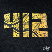Load image into Gallery viewer, 412 Pittsburgh Map in Black and Yellow Unisex Tri-Blend T-Shirt