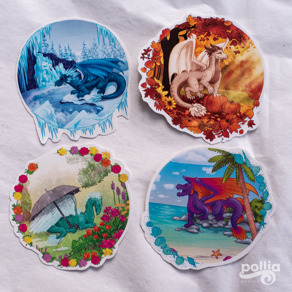4 Pack Seasonal Dragons Stickers